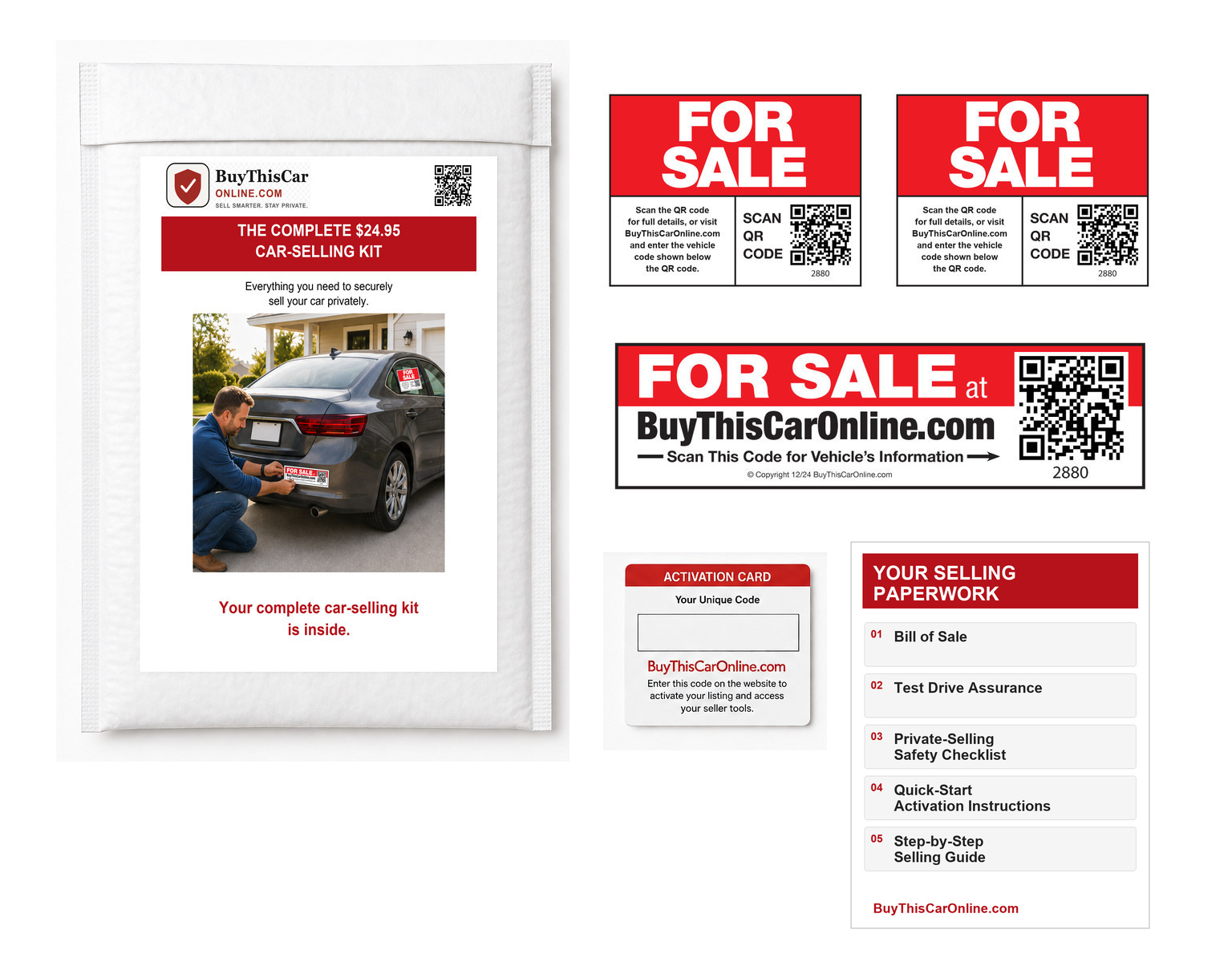 Complete seller kit with approved bumper sticker, two window signs, activation card, and paperwork: Bill of Sale, Test Drive Assurance, Private-Selling Safety Checklist, Quick-Start Activation Instructions, Step-by-Step Selling Guide