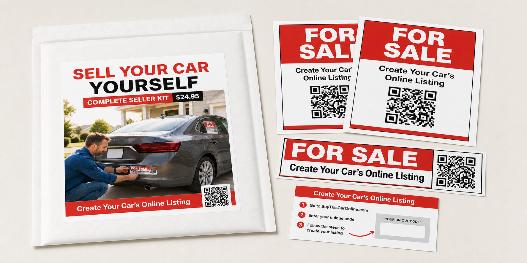 Complete BuyThisCarOnline seller kit with flat 9 by 12 mailing envelope, bumper sticker, two window signs, and unique-code card