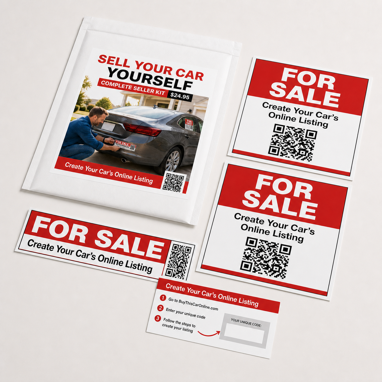 Complete car-selling kit with envelope, two window signs, bumper sticker, and activation instructions