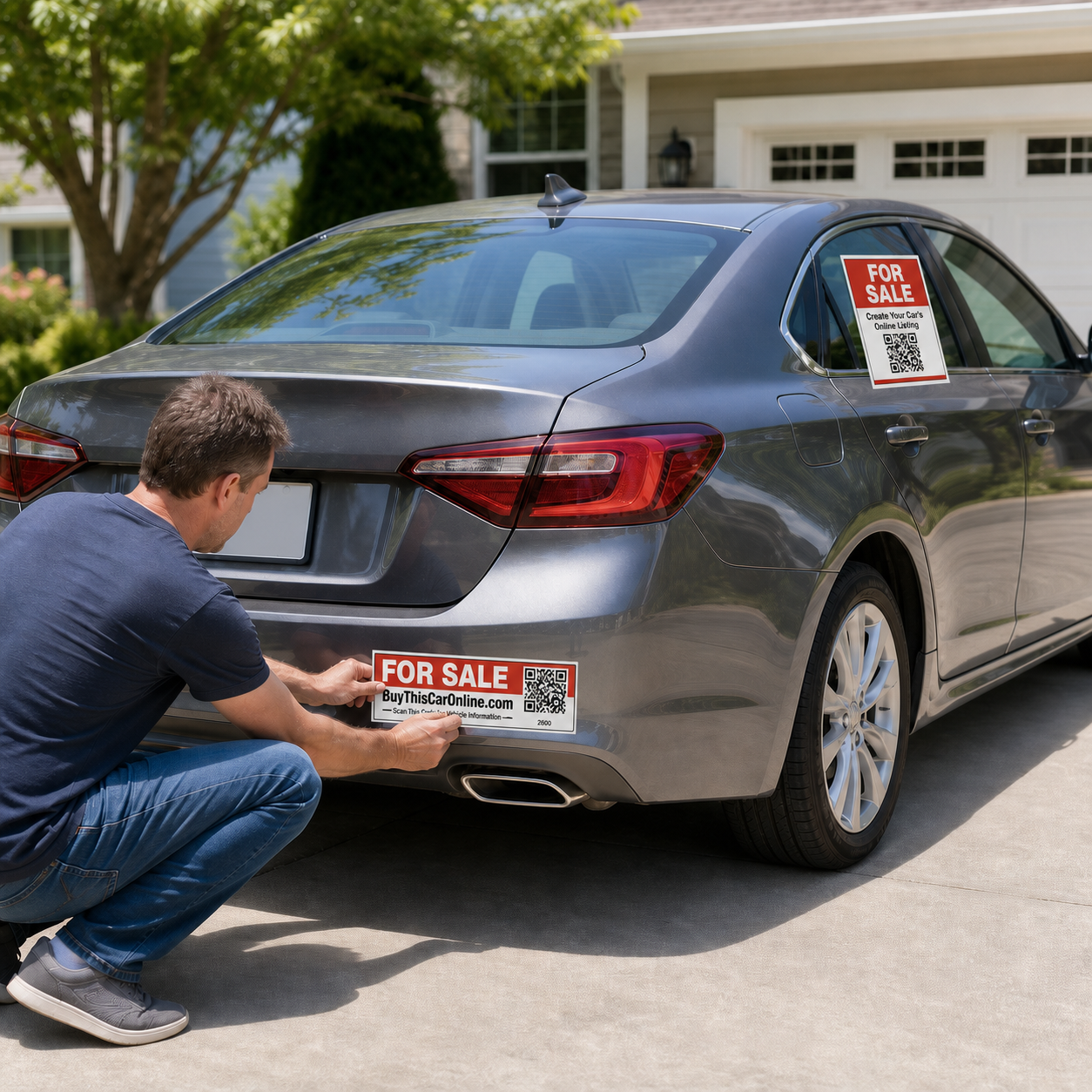 Seller displaying the QR signs and rear-bumper sticker