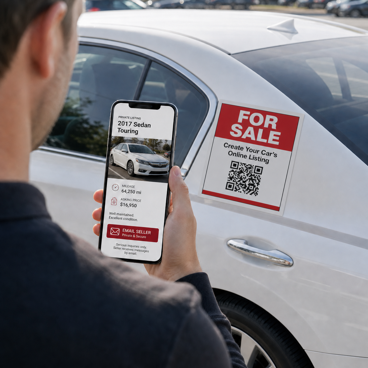 Buyer scanning a QR sign and viewing the vehicle listing